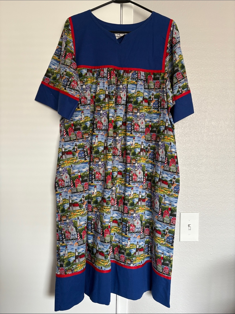 Coastal Village Print Casual Dress with Blue & Red Accents